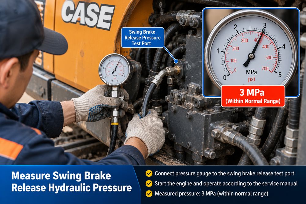CASE excavator swing brake release pressure test showing a hydraulic pressure gauge reading 3 MPa during swing overrun troubleshooting