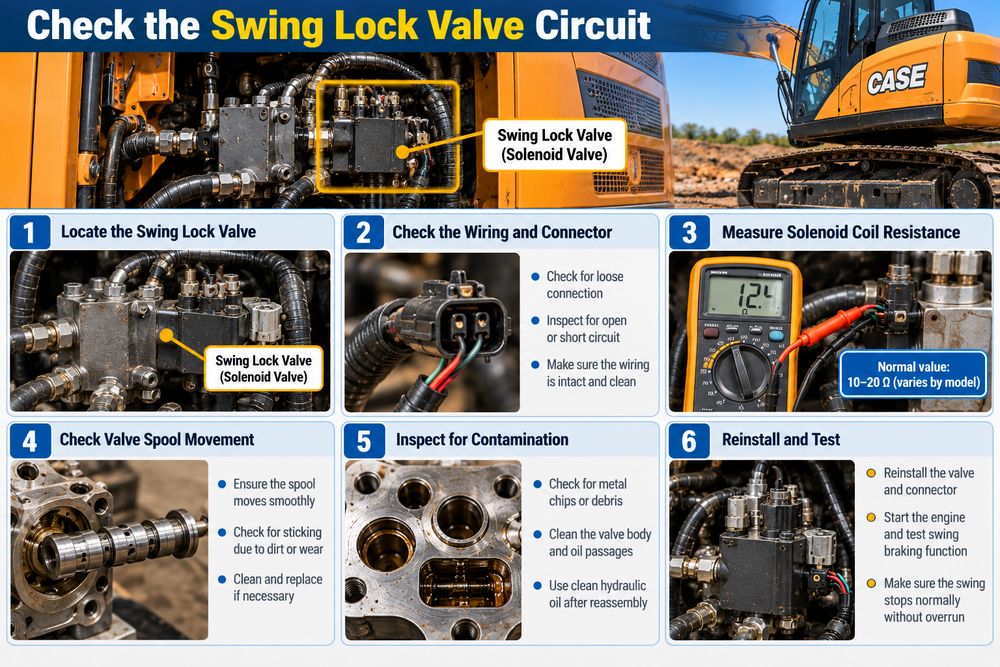 CASE excavator swing brake return oil orifice partially blocked by rubber debris, restricting hydraulic oil flow and delaying brake engagement