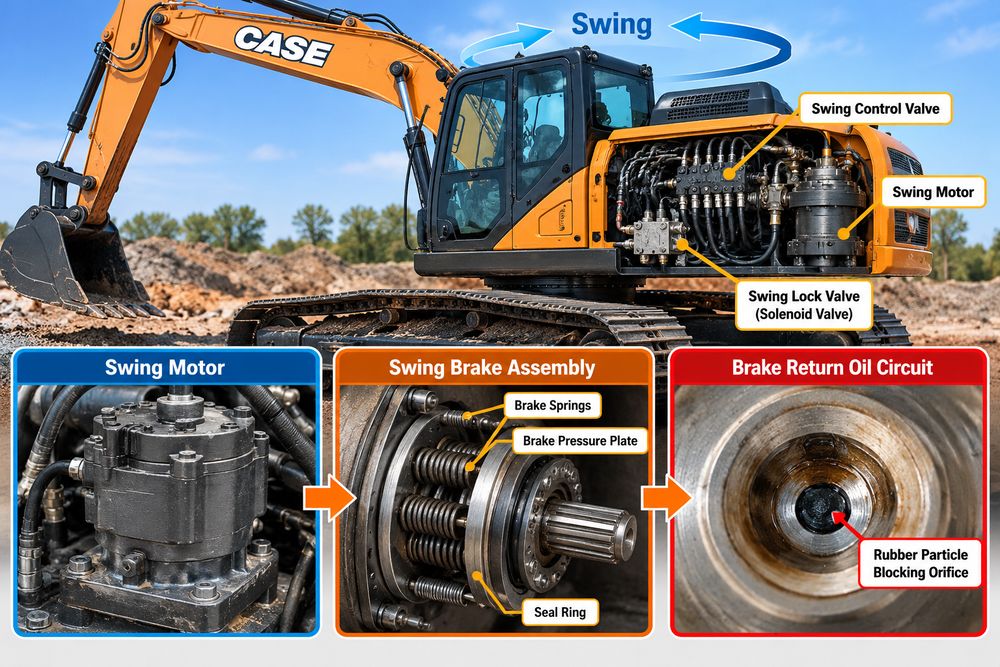 CASE excavator swing motor and brake system diagram showing swing control valve, brake springs, pressure plate, and blocked oil return orifice