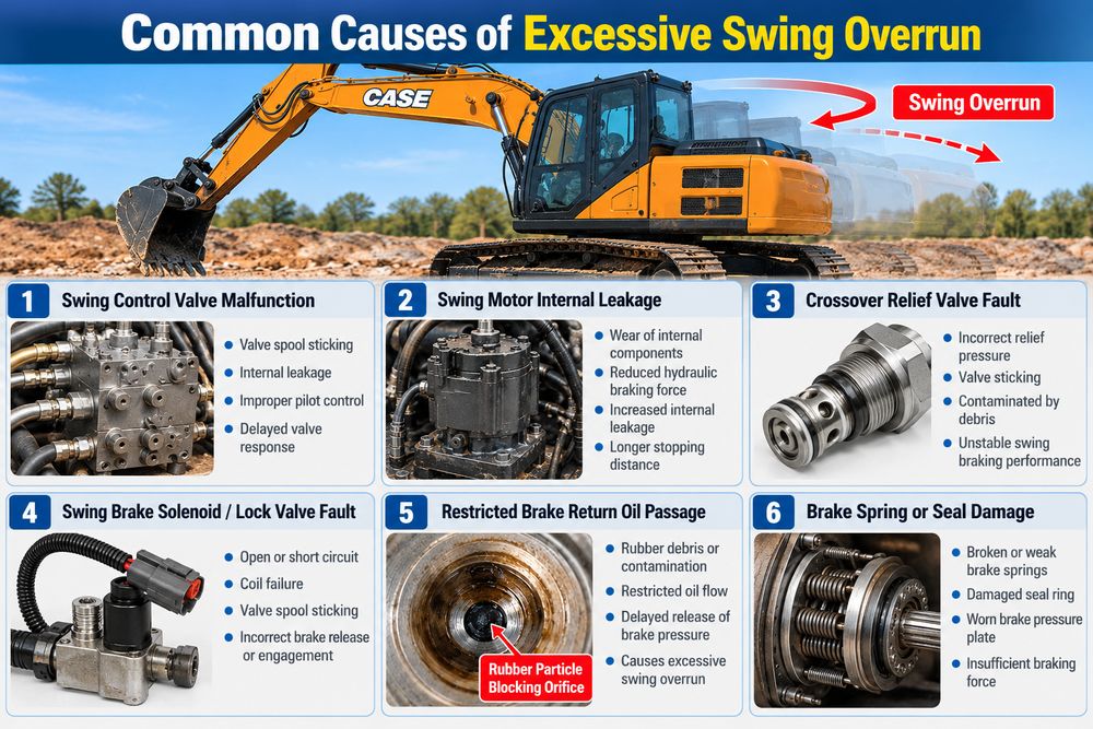 Six common causes of CASE excavator swing overrun including control valve faults, swing motor leakage, brake solenoid failure, blocked oil passages, and damaged brake springs
