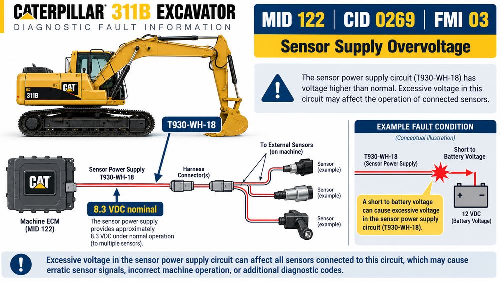 Caterpillar 311B MID 122 CID 0269 FMI 03 fault code infographic showing the T930-WH-18 sensor power supply overvoltage condition