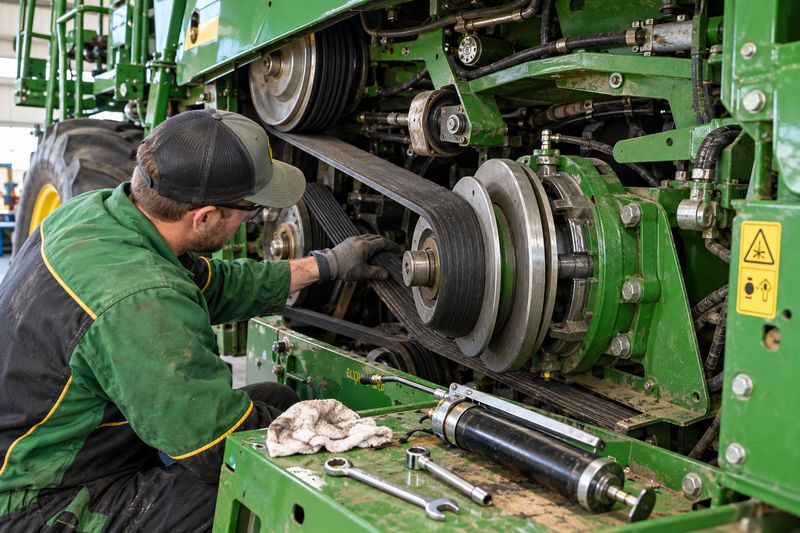 Technician inspecting combine drive belt pulley and torque booster lubrication