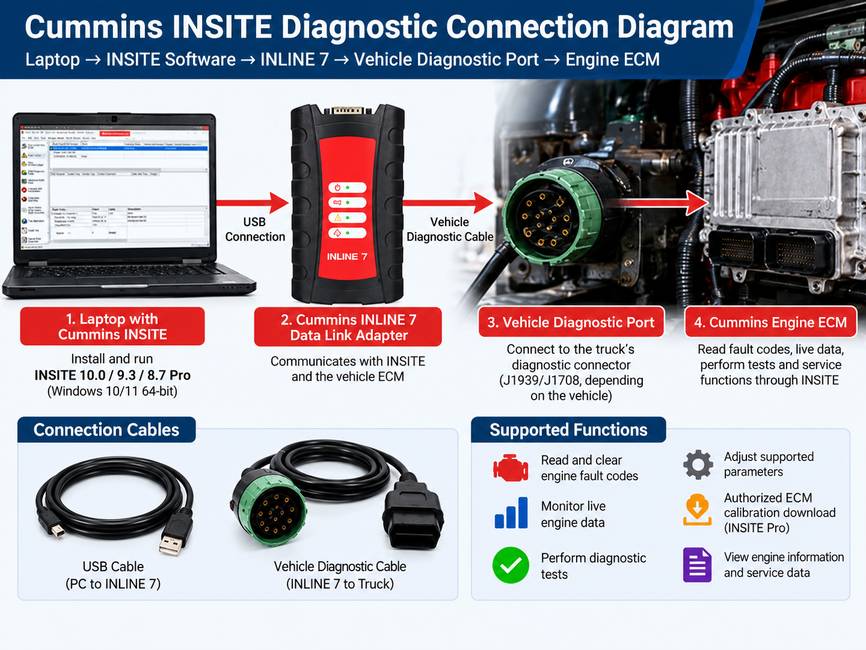 Cummins INLINE 7 connection diagram from INSITE laptop to truck engine ECM