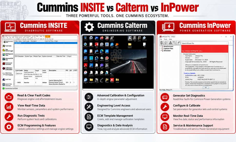 Cummins INSITE vs Calterm vs InPower software interface and feature comparison