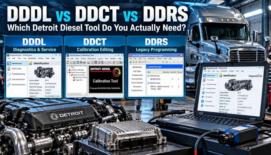 Comparison of DDDL diagnostic functions, DDCT calibration editing and DDRS legacy reprogramming for Detroit Diesel engines