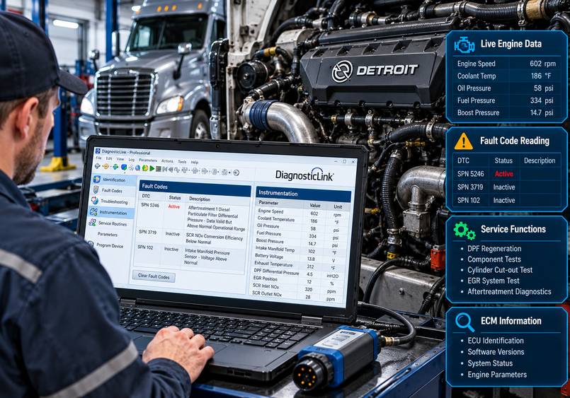 Technician using Detroit DiagnosticLink to monitor engine fault codes and live data on a DD15 diesel engine