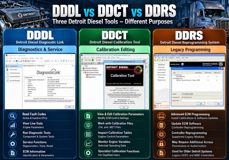 Comparison of DDDL diagnostic functions, DDCT calibration editing and DDRS legacy reprogramming for Detroit Diesel engines