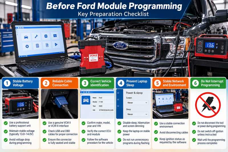 Ford ECU module programming preparation checklist with battery support and diagnostic interface