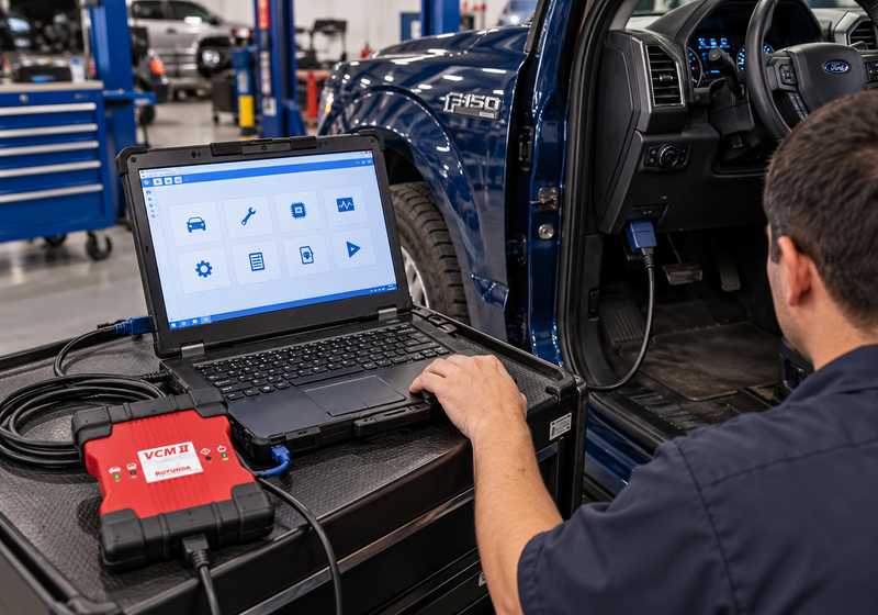 Ford VCM II connected to a laptop and vehicle for IDS diagnostics