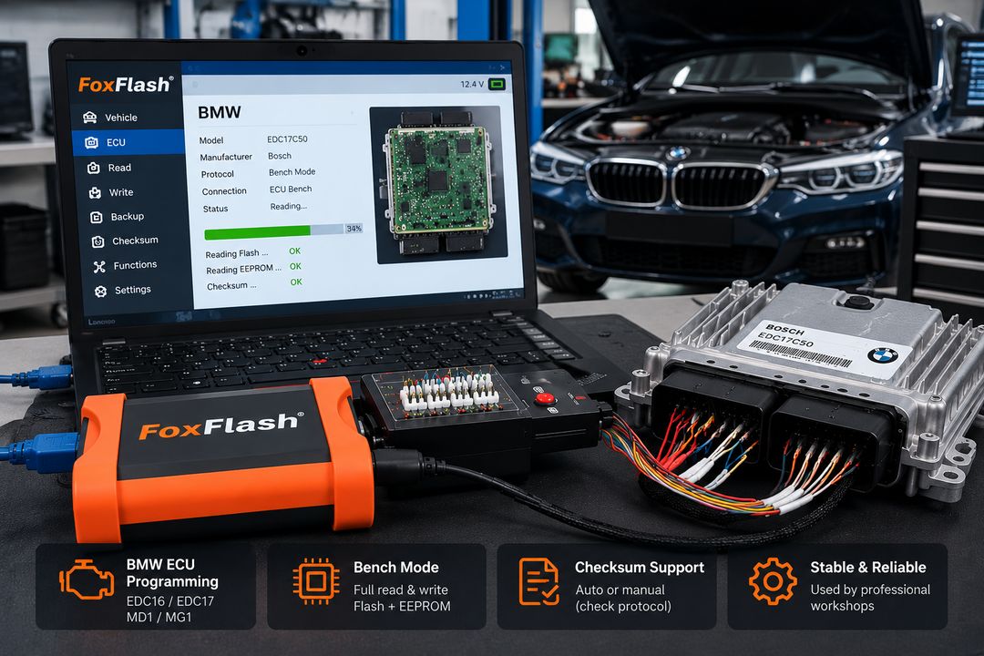 FoxFlash BMW EDC17C50 ECU bench programming setup with laptop and wiring harness