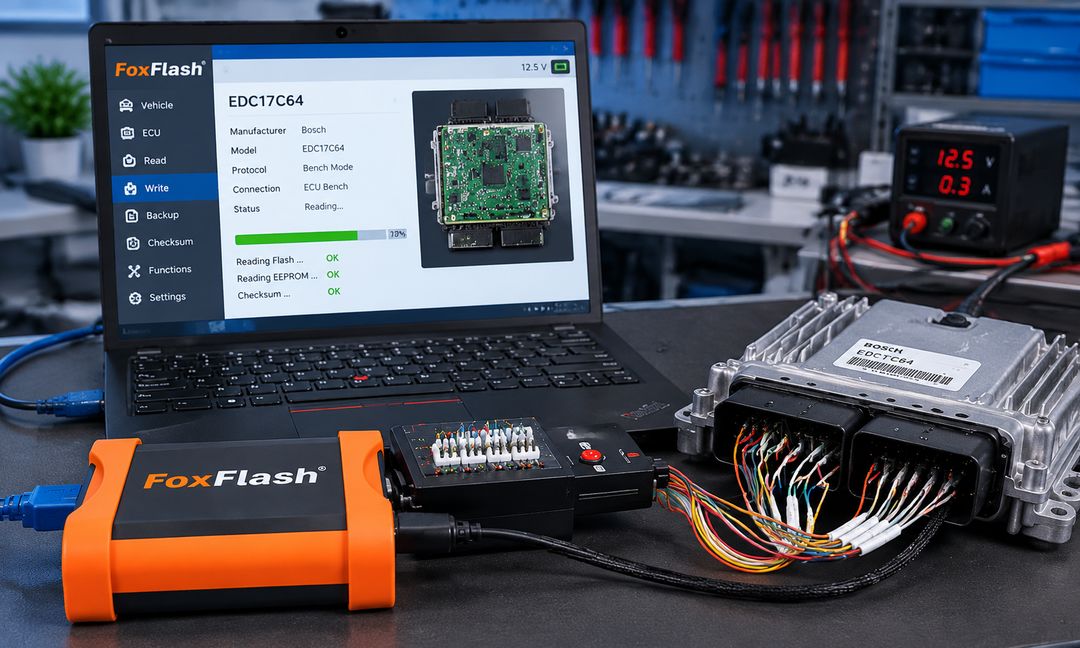 FoxFlash EDC17C64 ECU bench programming setup with laptop, interface module, and wiring harness