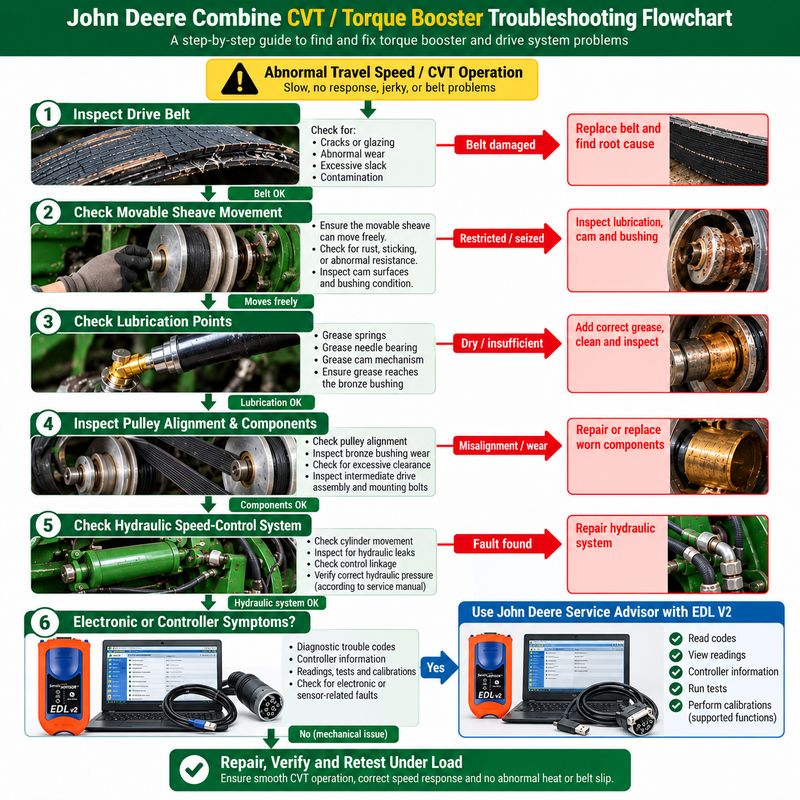 John Deere combine CVT and torque booster troubleshooting flowchart