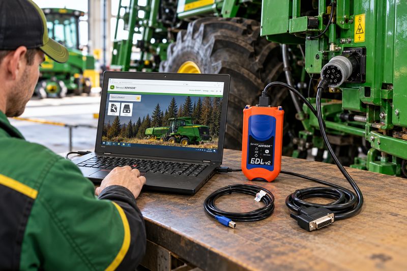 John Deere Service Advisor and EDL diagnostic workflow for combine harvester