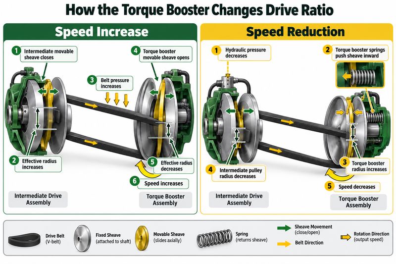 John Deere combine torque booster working principle showing speed increase and speed reduction