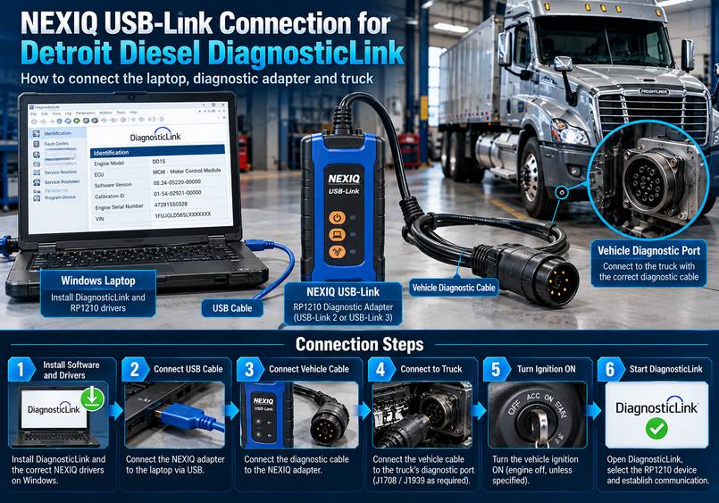 NEXIQ USB-Link diagnostic adapter connection diagram between a Windows laptop and Detroit Diesel truck diagnostic port