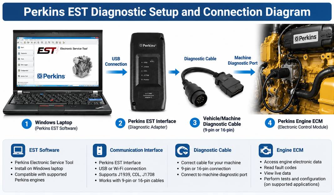 Perkins EST connection diagram from laptop through diagnostic interface to engine ECM