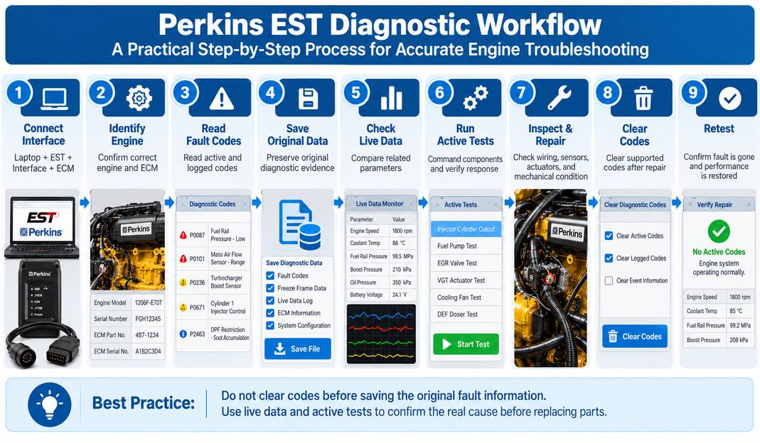 Perkins EST diagnostic workflow from fault codes to repair verification