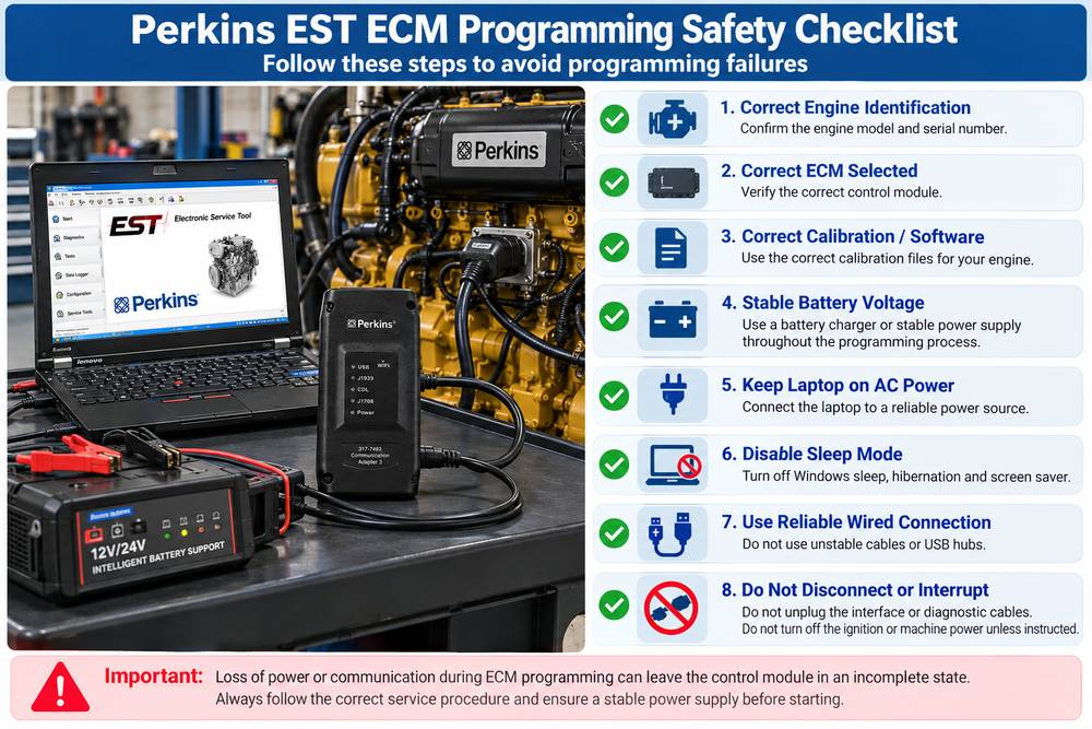 Perkins EST ECM programming safety checklist with stable power and diagnostic connection