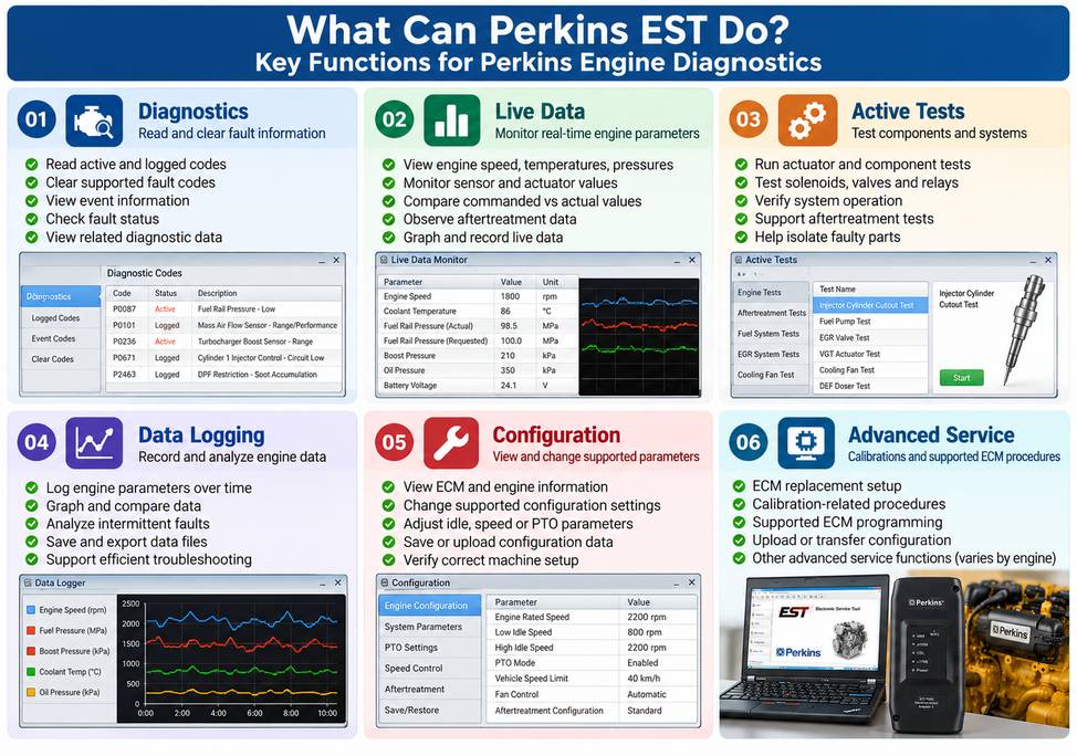 Perkins EST diagnostic live data active test configuration and programming functions