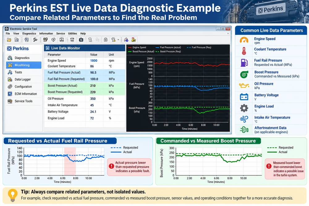 Perkins EST live engine data comparison for diagnostic troubleshooting