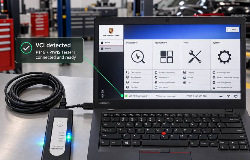 PIWIS 3 VCI device registration and diagnostic setup process