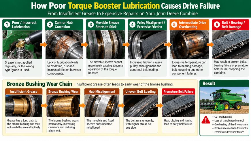 Torque booster failure chain caused by poor lubrication and bronze bushing wear