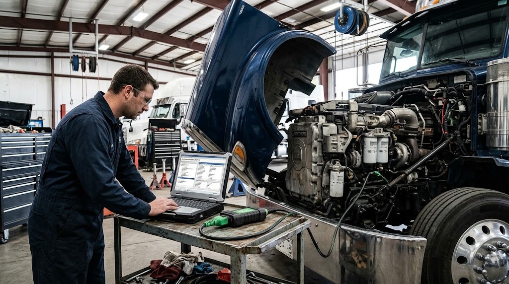 Detroit DD15 diesel engine diagnostics and ECM programming using a diagnostic laptop and communication adapter