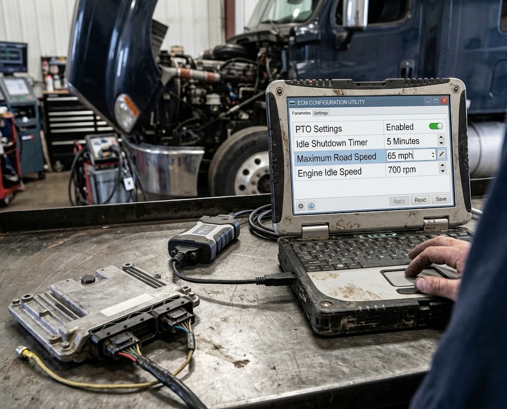 Diesel ECM parameter adjustment for PTO, idle shutdown and road speed settings.