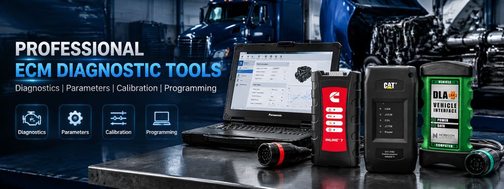 Heavy-duty ECM diagnostic tools including Cummins INSITE, CAT ET and JPRO diagnostic equipment